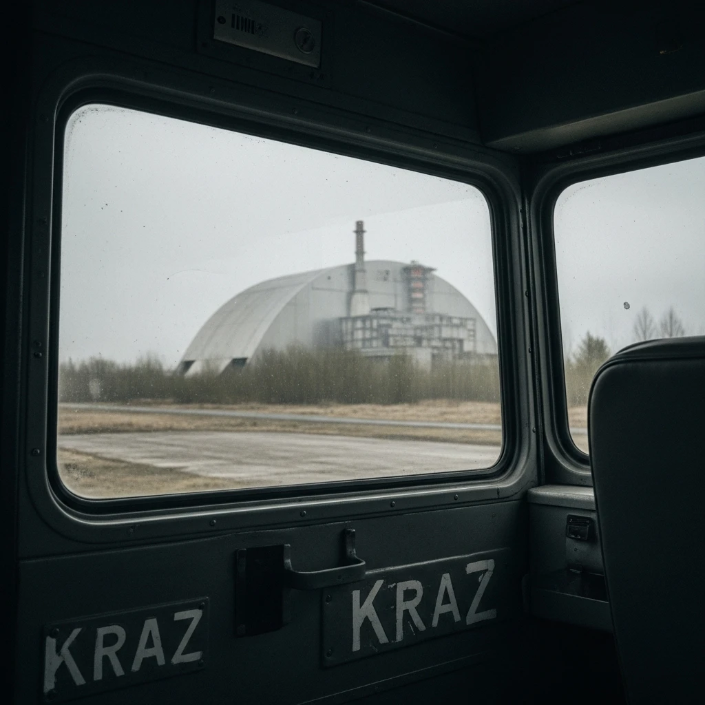 The interior of an armored truck cab with an extremely thick window, looking out at a distorted industrial structure.