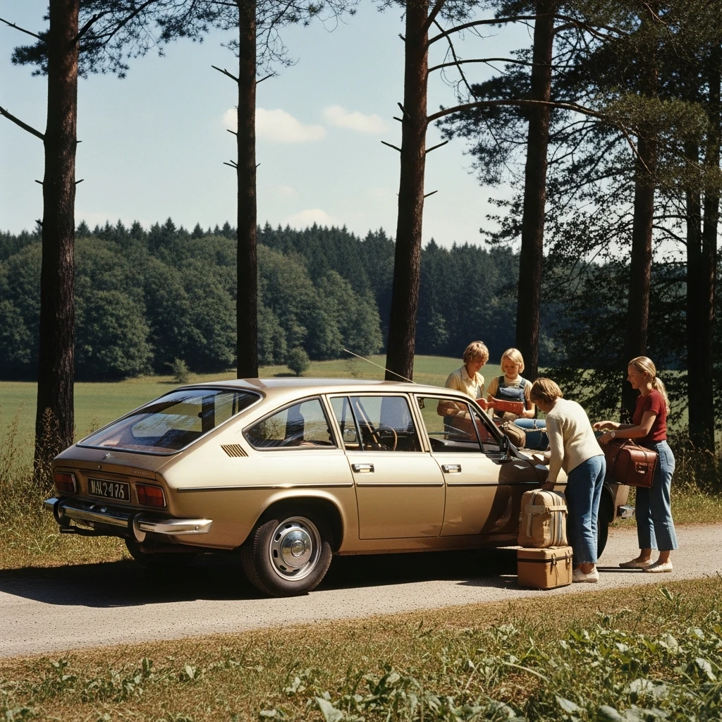 A vintage olive-green Matra Rancho station wagon with rugged styling, parked in a sunny forest clearing.