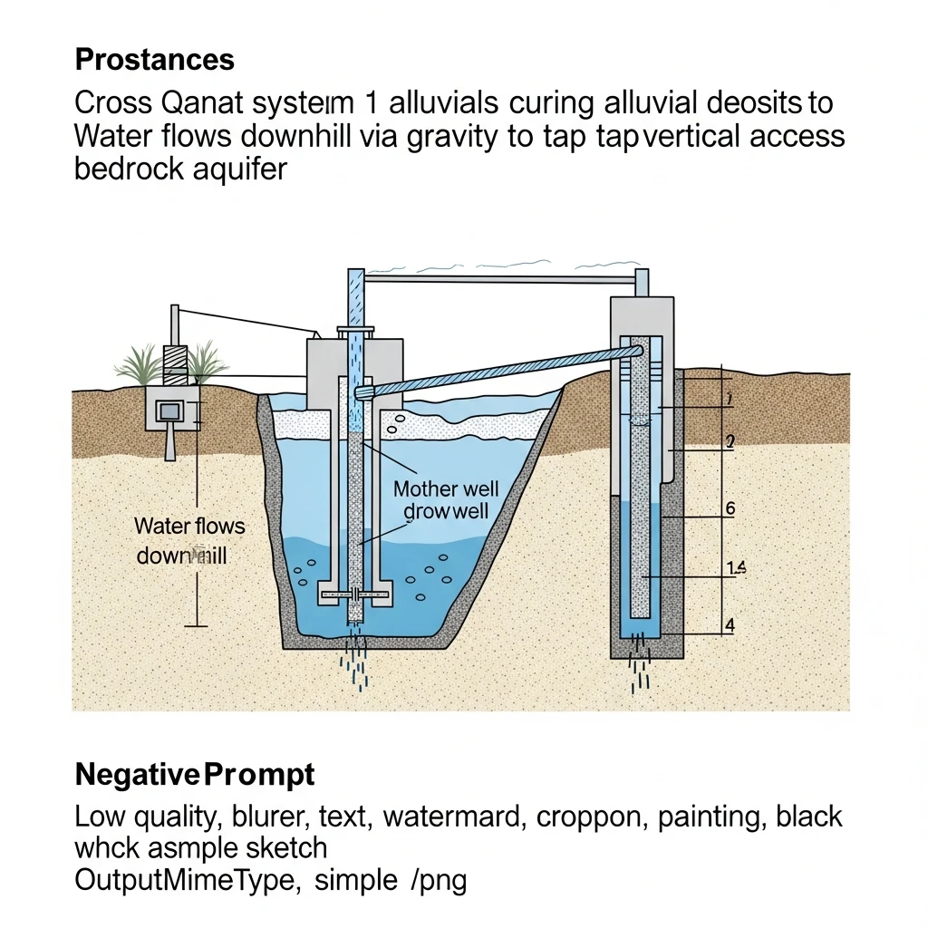 Detailed diagram showing the underground structure of a qanat, including the mother well, infiltration gallery, and gently sloping tunnel.