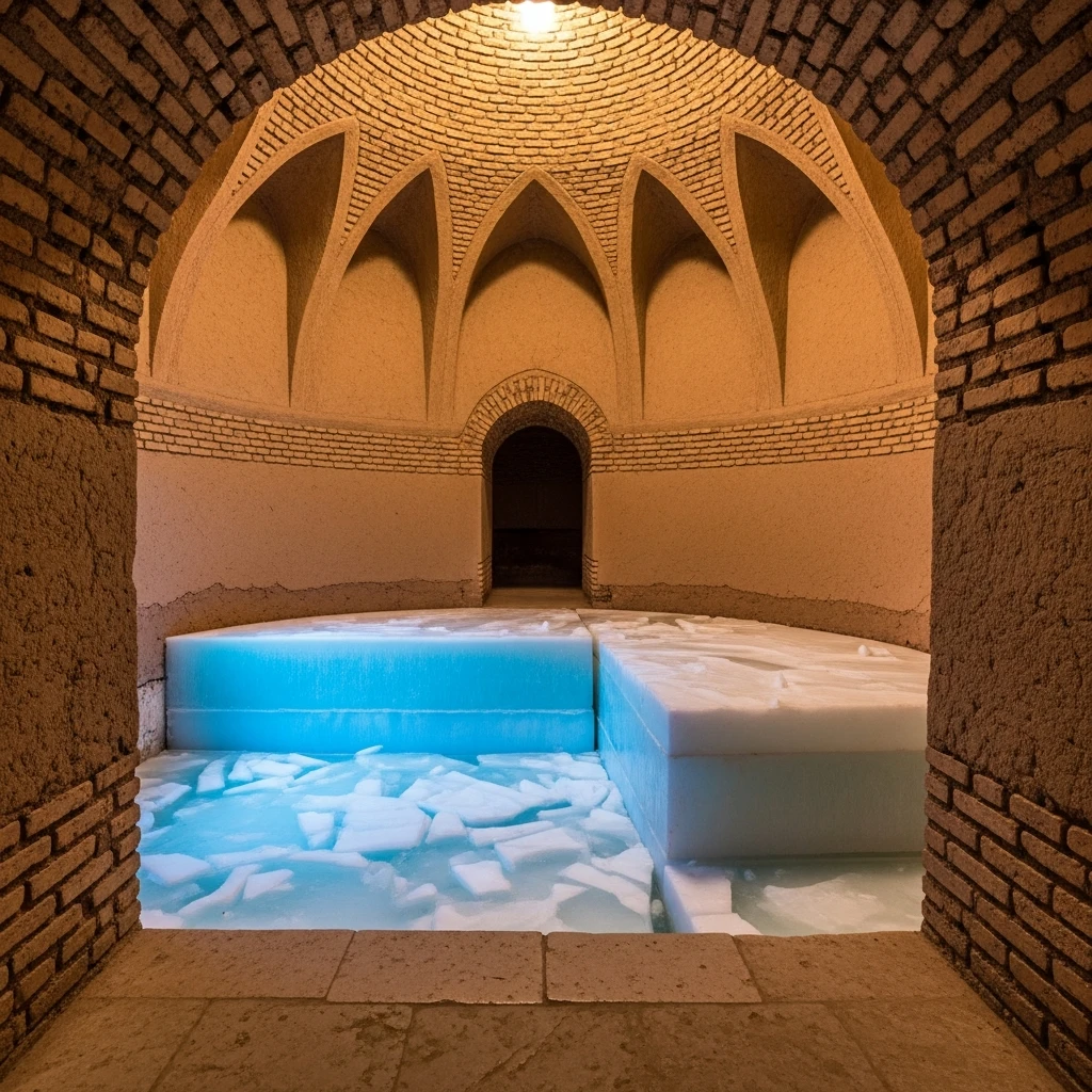 Inside a large, domed Yakhchāl showing thick mud-brick walls and a deep pit for storing harvested ice.