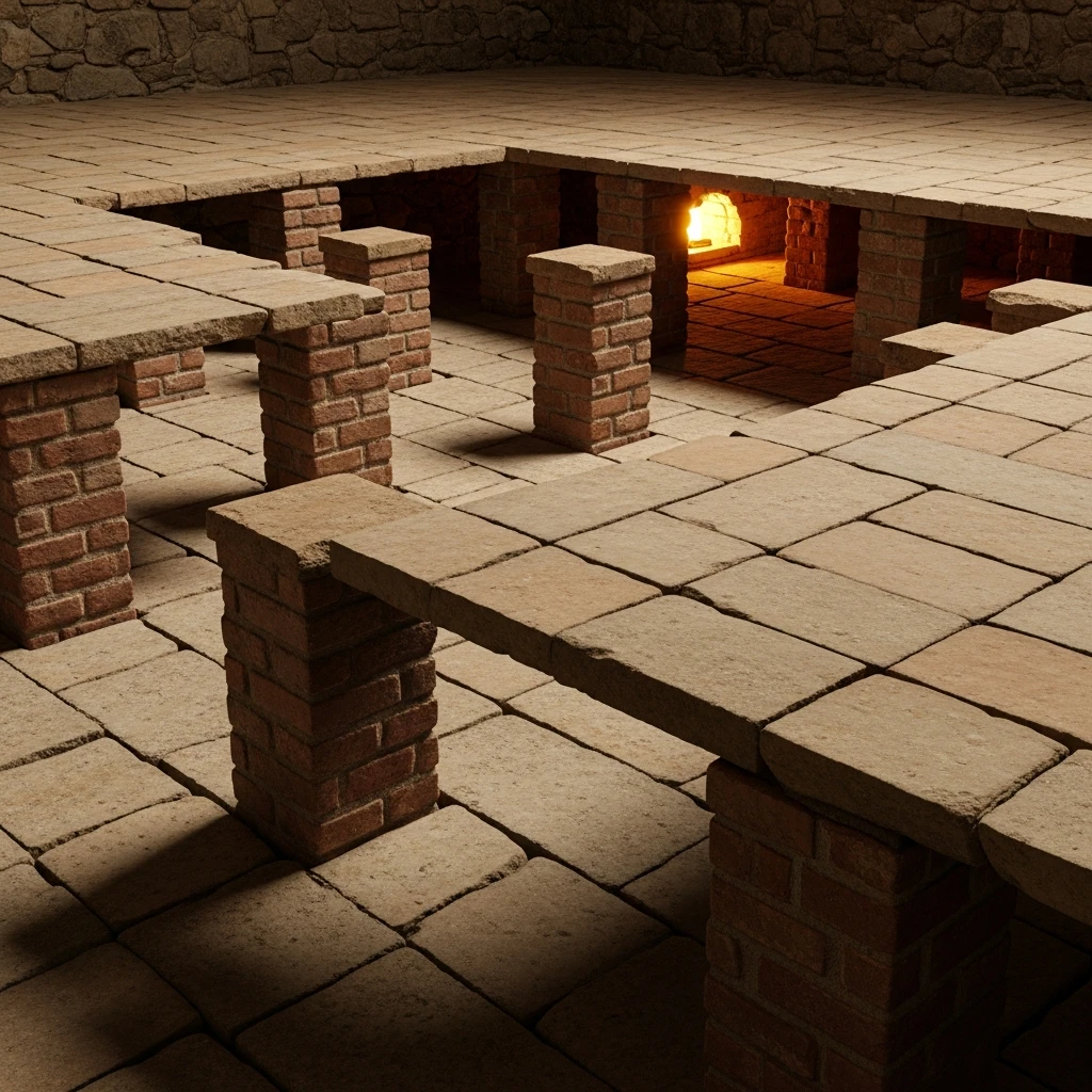 Close-up view beneath a raised Roman floor showing brick pillars supporting the heavy tile, demonstrating the hypocaust heating system.