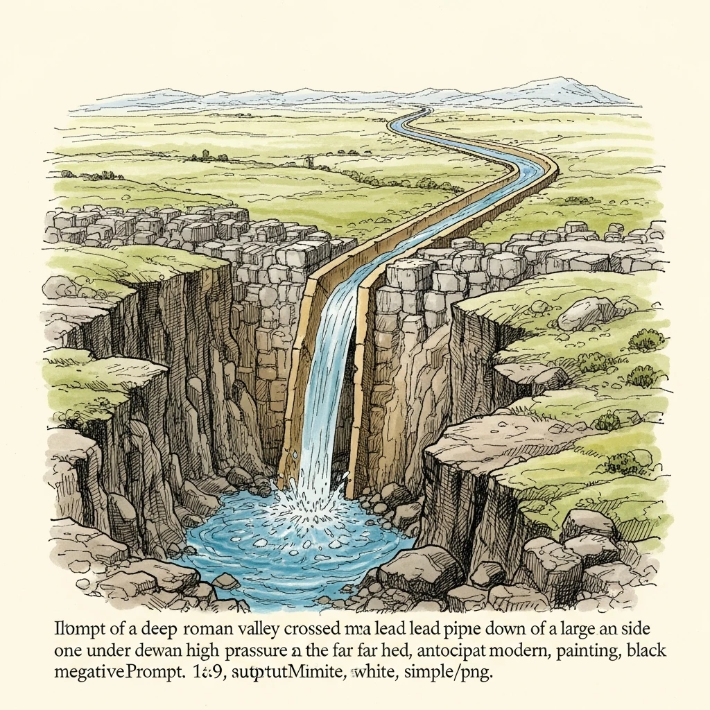 Diagram illustrating a Roman aqueduct crossing a deep valley using an inverted siphon pipe system, emphasizing the pressure dynamics.