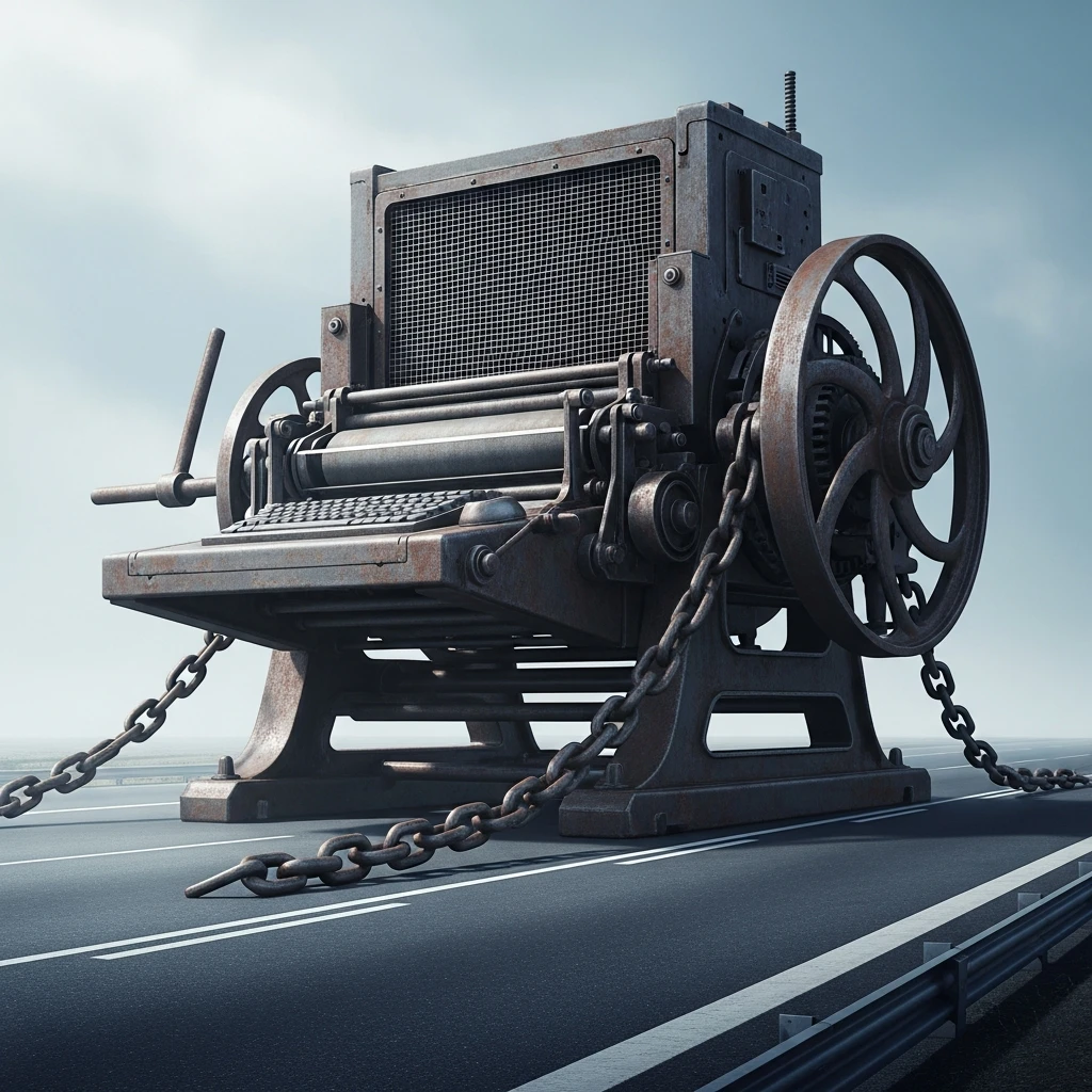 Heavy machinery grinding to a halt symbolizing organizational inertia