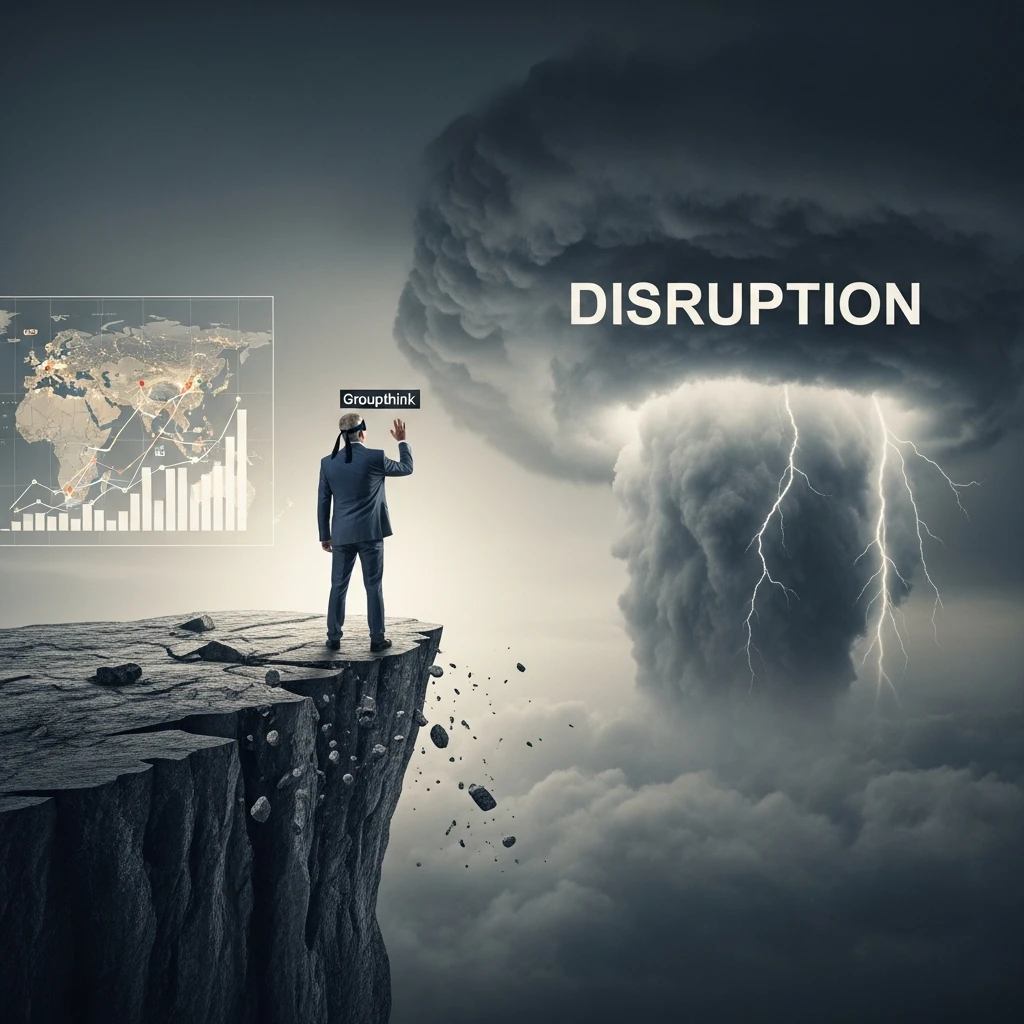 Blindfolded leader ignoring warning signs