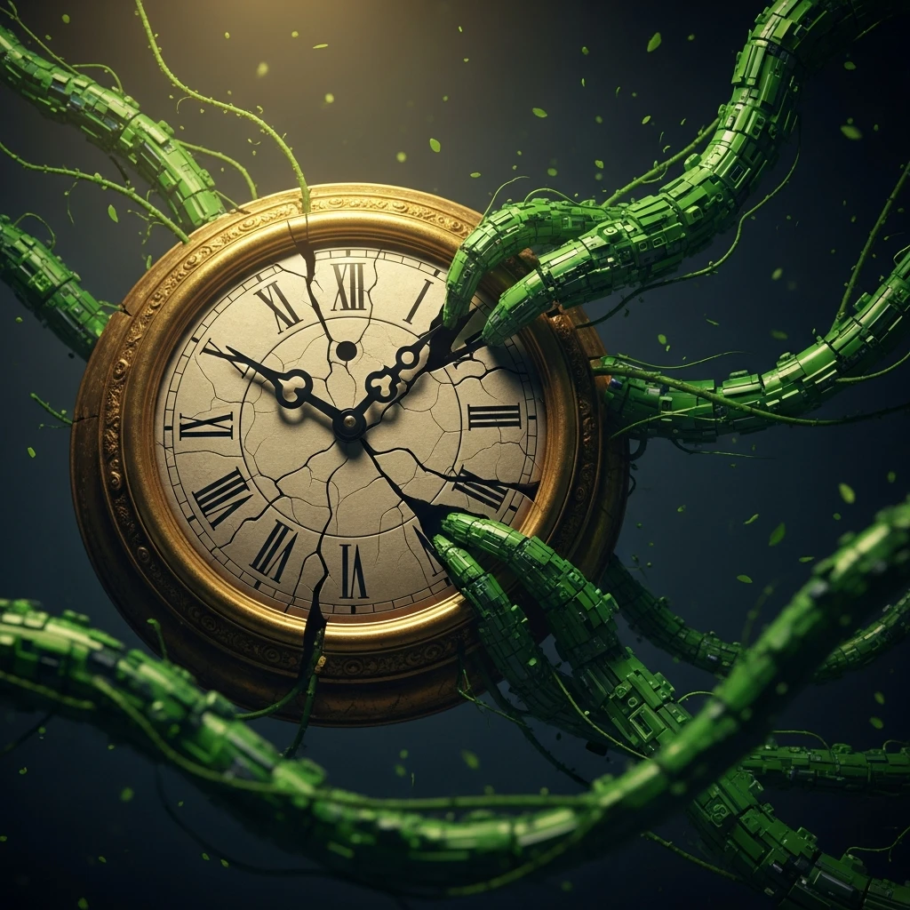 Crumbling corporate architecture symbolizing organizational decline