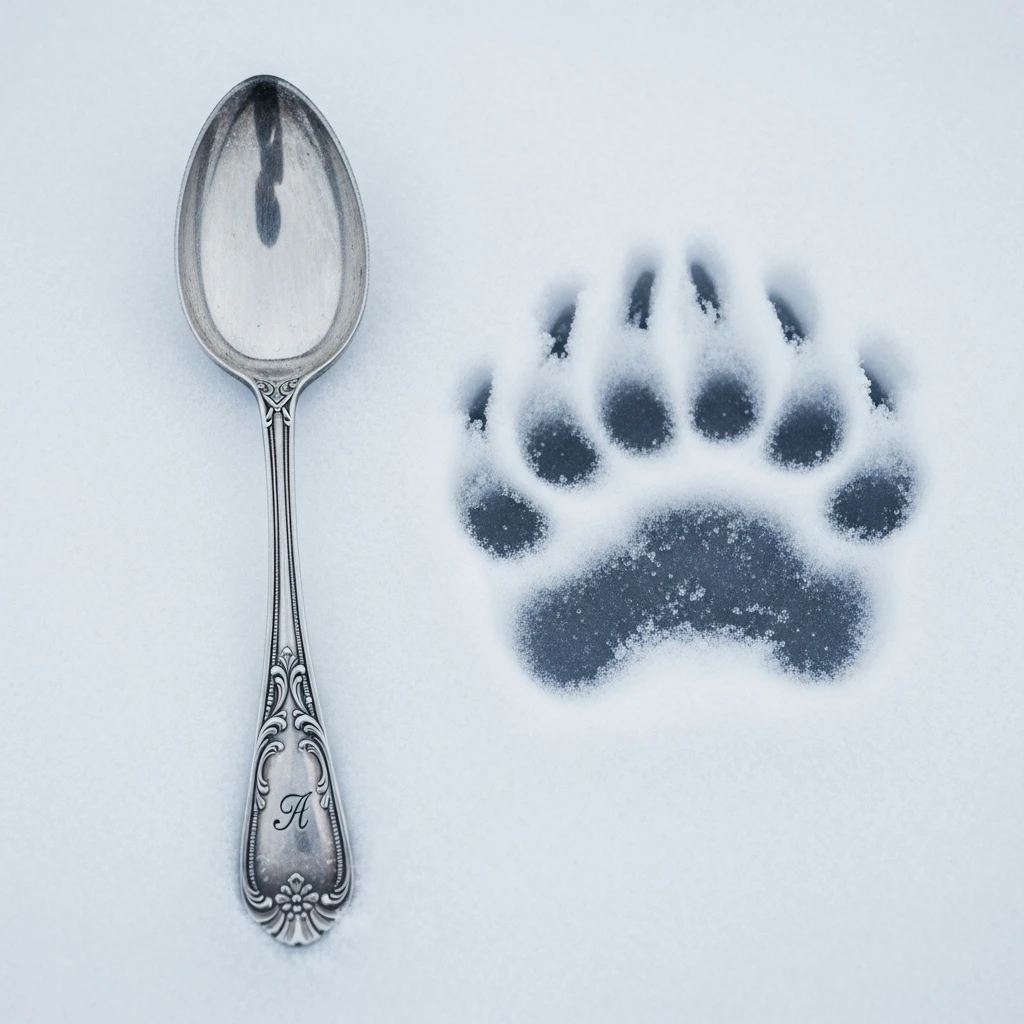 A silver teaspoon on snow next to a polar bear paw print.