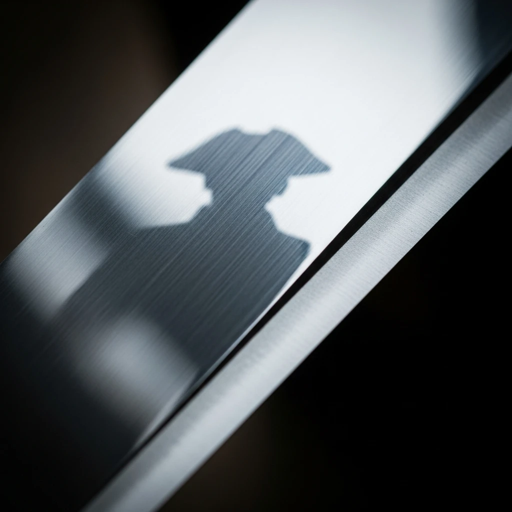 A guillotine blade reflecting a man's silhouette.