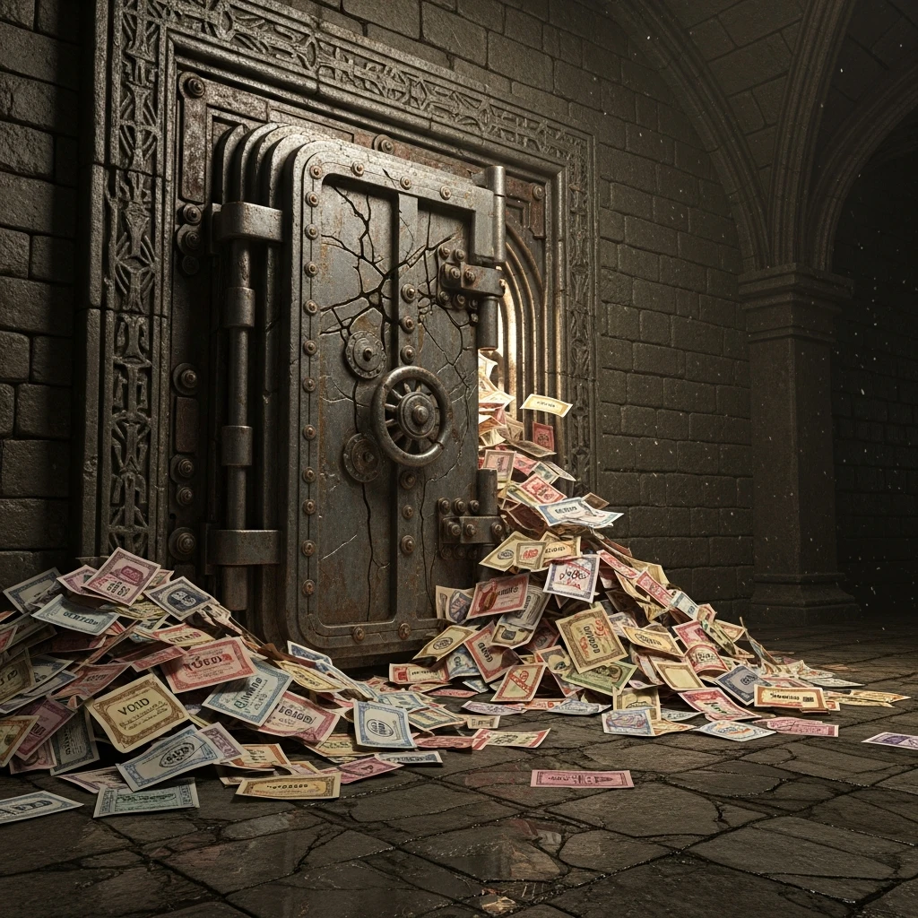 A broken vault door spilling endless paper bonds.