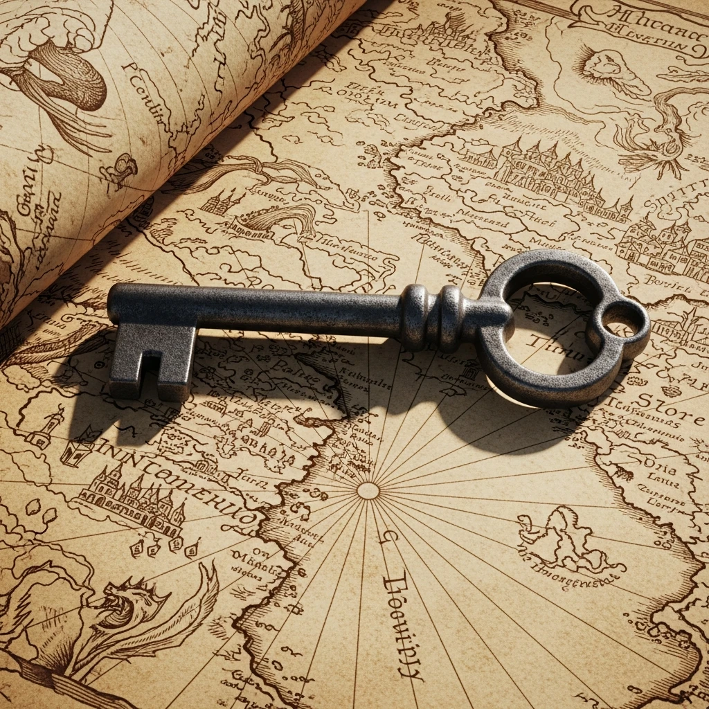 An antique key casting a shadow in the shape of a real coastline on a fantasy map.