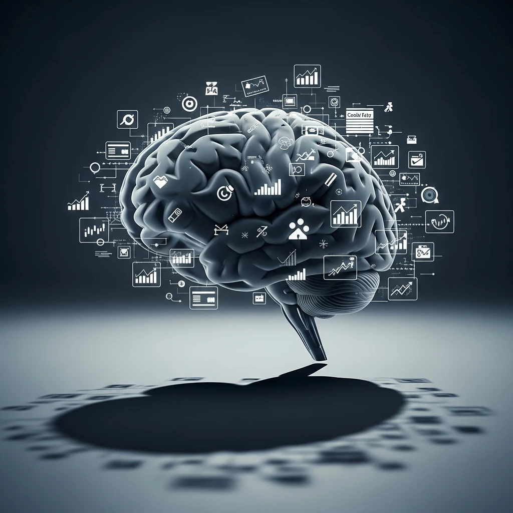 A human brain overwhelmed by floating symbols of choices and decisions, representing cognitive overload.