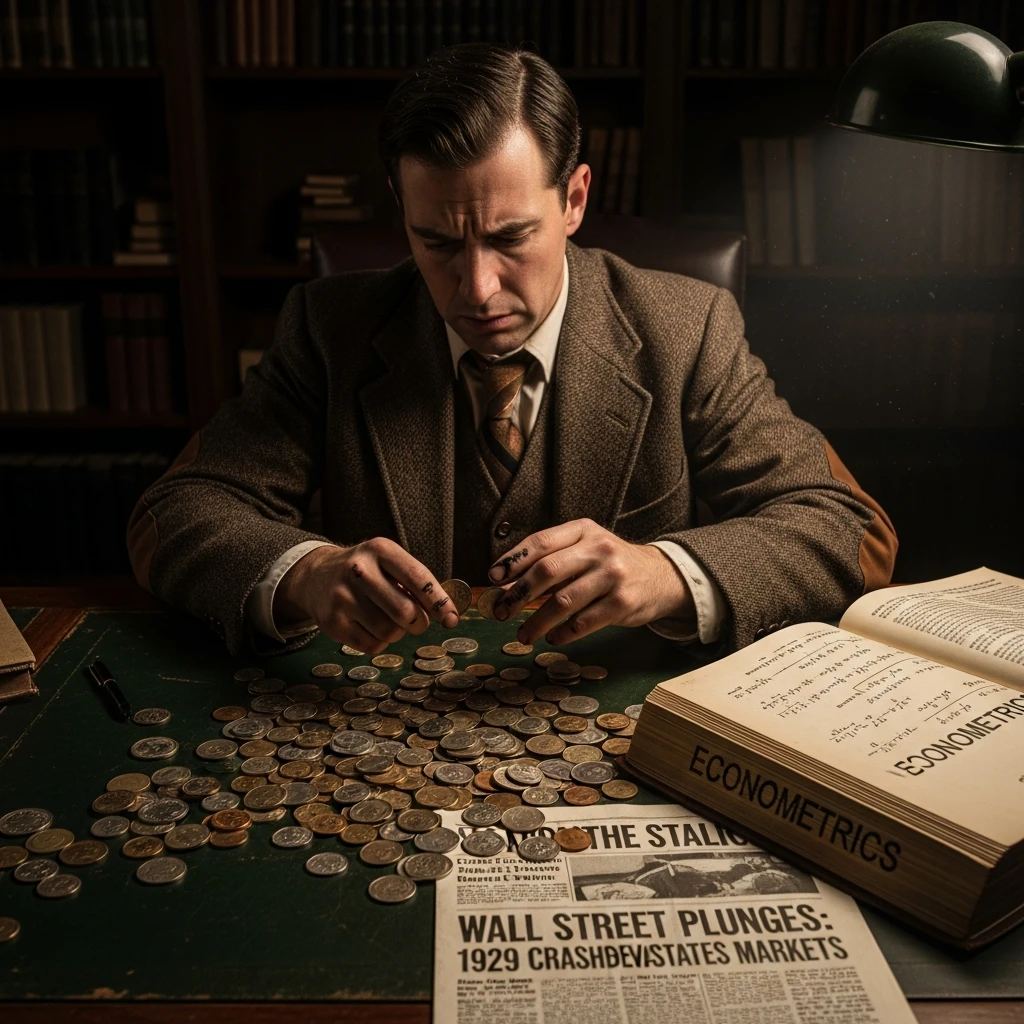 Scene depicting Irving Fisher, overwhelmed by coin counting, symbolizing the first failure of rational science in the market.