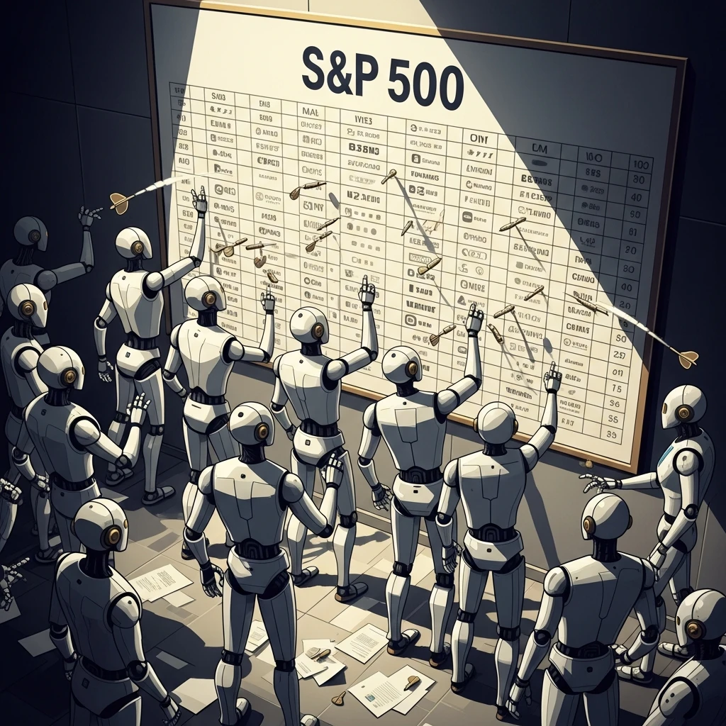 Robotic traders on a stylized floor throwing darts at a stock board, representing the efficient market hypothesis.