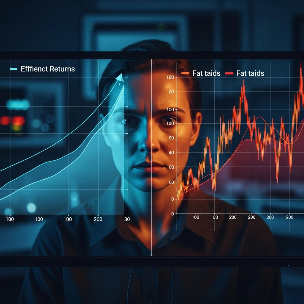 Subject observing complex and erratic financial data graphs, representing behavioral finance challenging normal distributions.