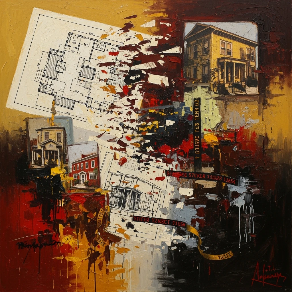 Abstract scene combining dissolving blueprints, stock tape, and financial chaos.