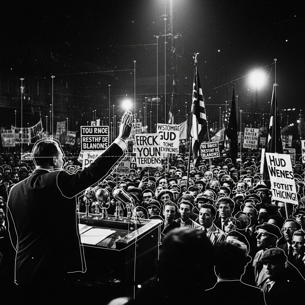 Black and white image showing a dense crowd at a rally with subtle digital overlays indicating tracking.