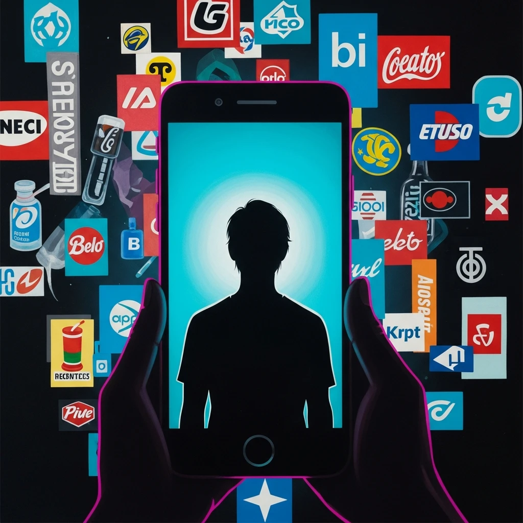 Silhouette of a person looking at a smartphone, reflecting advertising and consumer images.