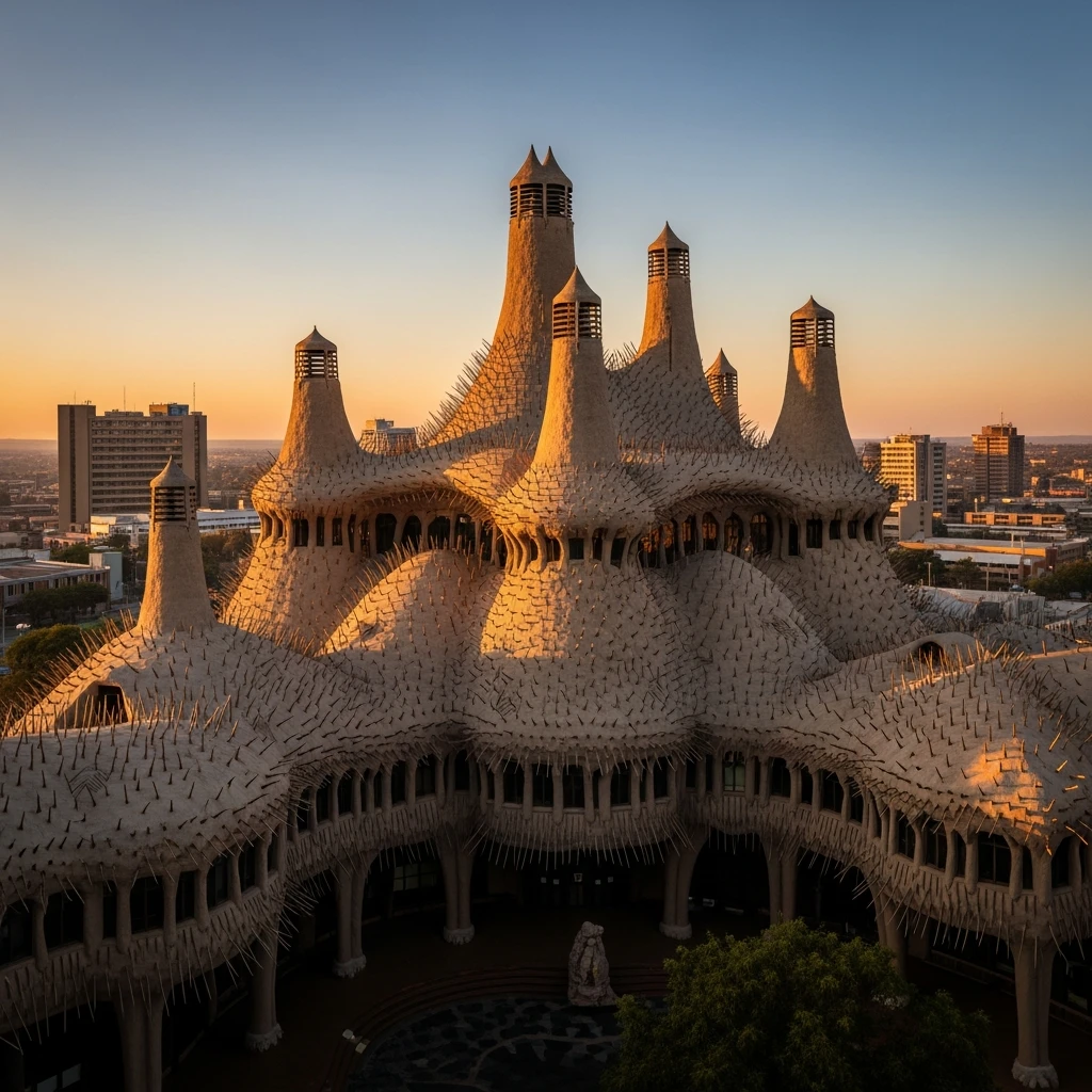 Architectural photograph of the Eastgate Centre, a modern building with textured concrete facades and ventilation chimneys.