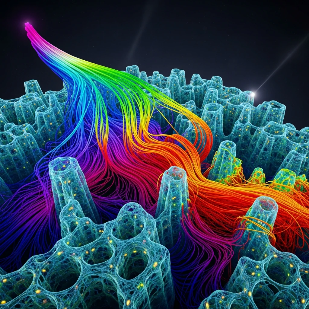 Abstract visualization of computational fluid dynamics simulation showing fluid flow through a complex porous media structure.