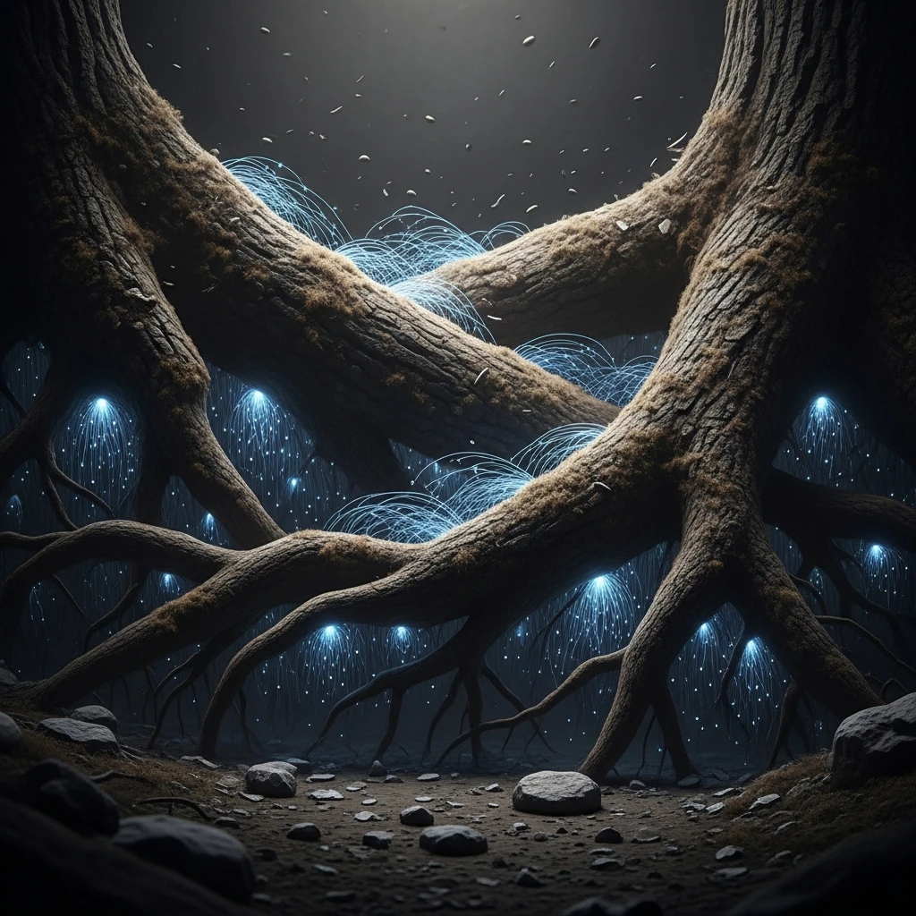 Underground image showing massive tree roots intertwined, with fine blue-glowing fungal filaments spanning the distance between them.