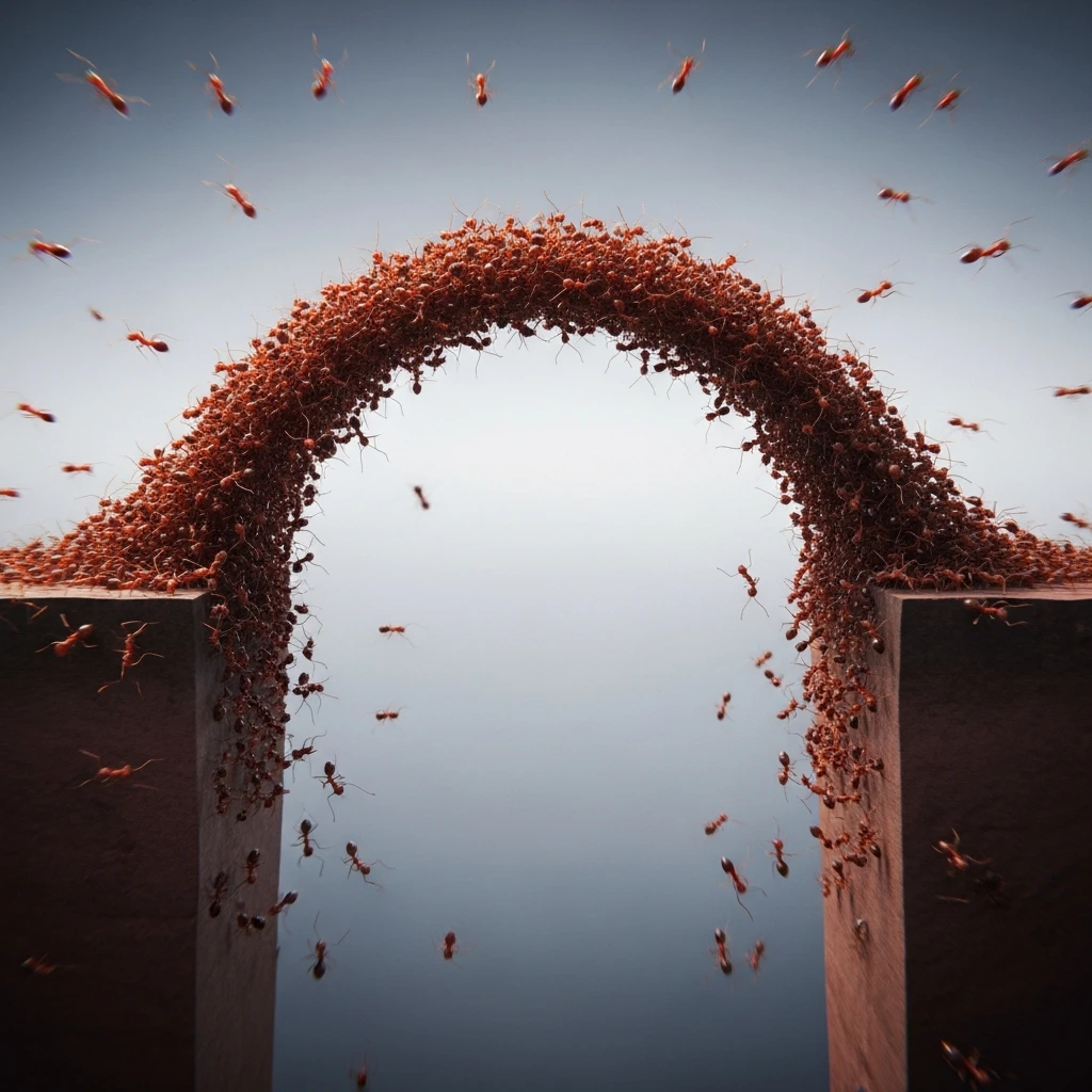 Detailed photograph of a bridge constructed entirely from army ants, showing dense traffic flow across the span and the curvature of the living structure.