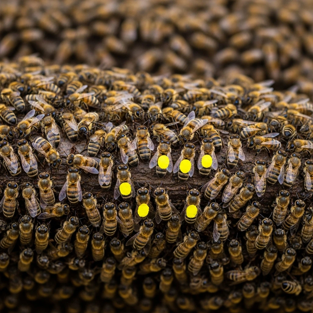 High-resolution image of a large honeybee swarm cluster, with a few brightly marked bees performing a waggle dance on the outer surface.