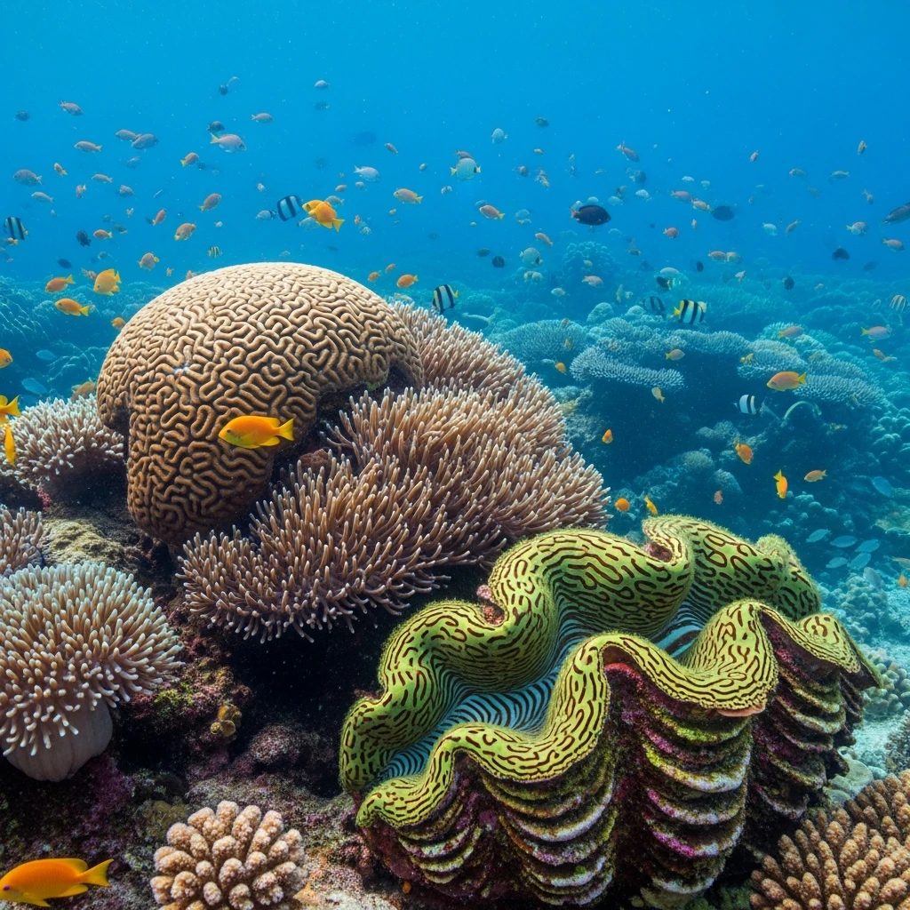 Underwater view of a coral reef with brain corals and a giant clam, illustrating the symbiotic relationship between coral polyps and algae (zooxanthellae).