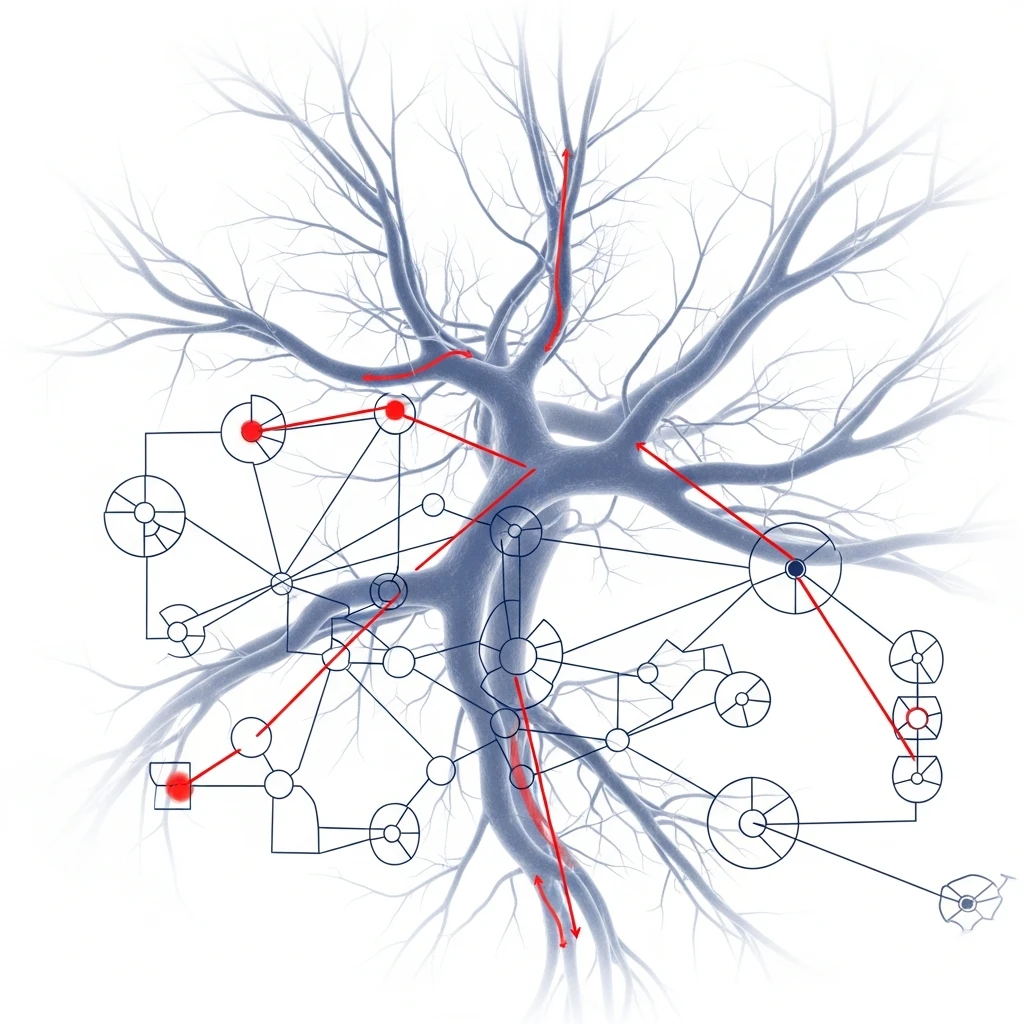 Conceptual diagram combining biological vascular structures with a modern logistics network blueprint, emphasizing shared principles of robust design.