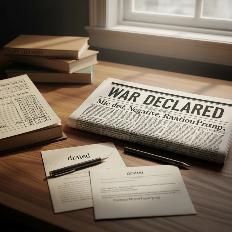 A desk from the 1940s with accounting tools, a newspaper, and wartime ration books.