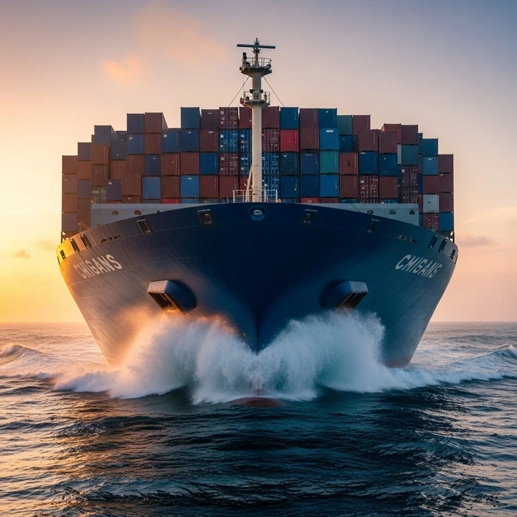 A towering wall of shipping containers on the deck of a large ship at sea during sunrise.