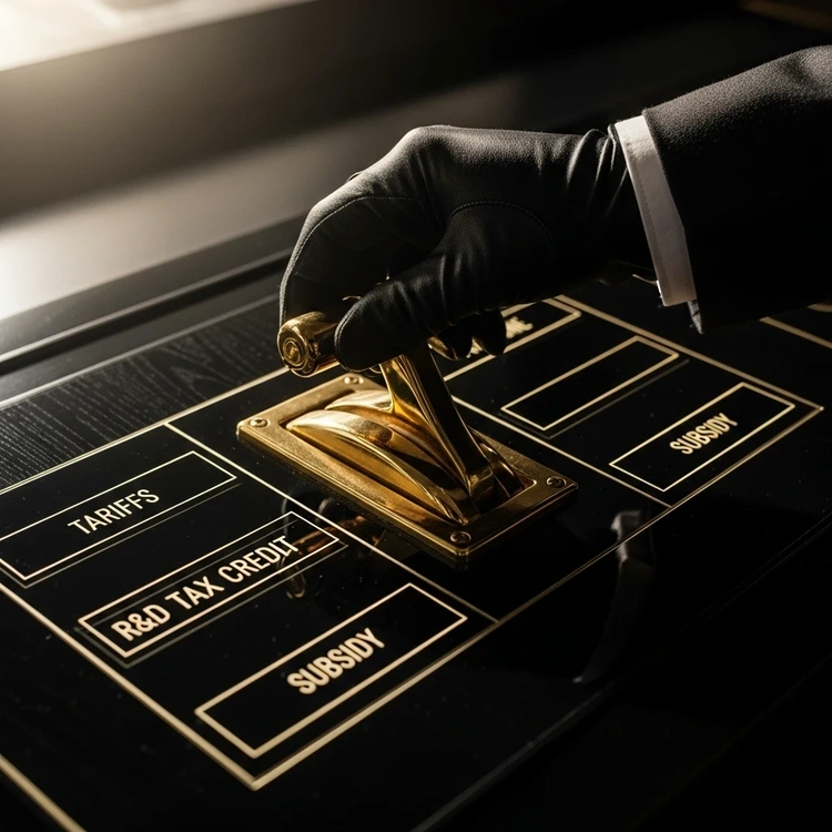 A hand adjusting a complex control panel with levers labeled with economic policy terms.