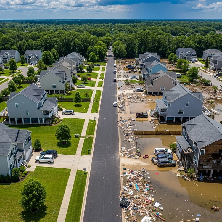 An aerial view of a flooded neighborhood showing a stark contrast between damaged and undamaged homes.