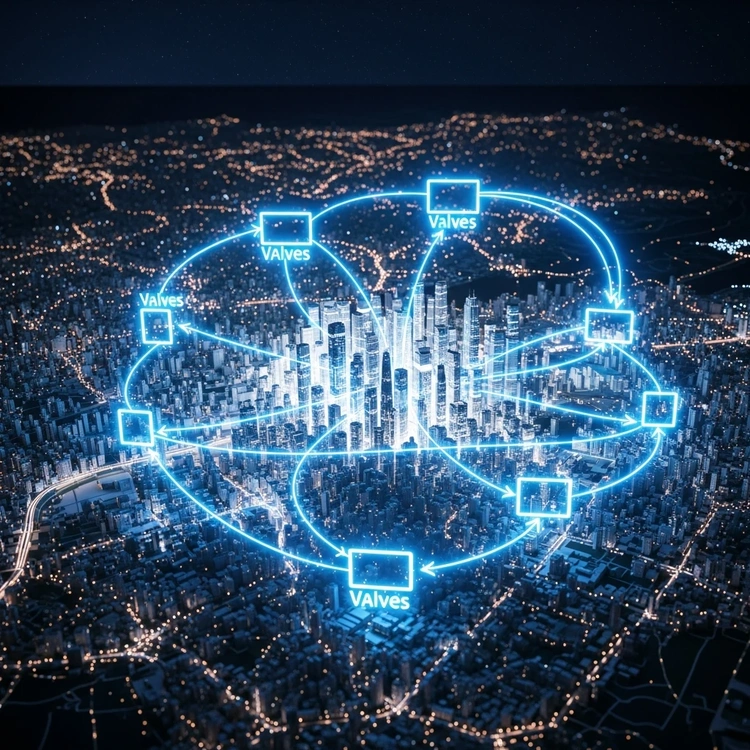 A complex, glowing flowchart of interconnected loops overlaid on a map of a city.