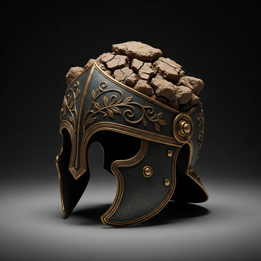 A photorealistic close-up of an ancient, damaged helmet overflowing with dry, cracked soil, representing hollow victory.