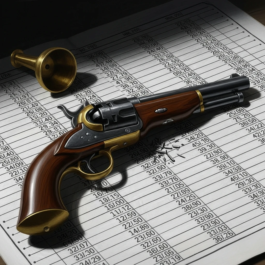 A cinematic still life of a broken dueling pistol resting on an open 19th-century accounting ledger with long columns of numbers.