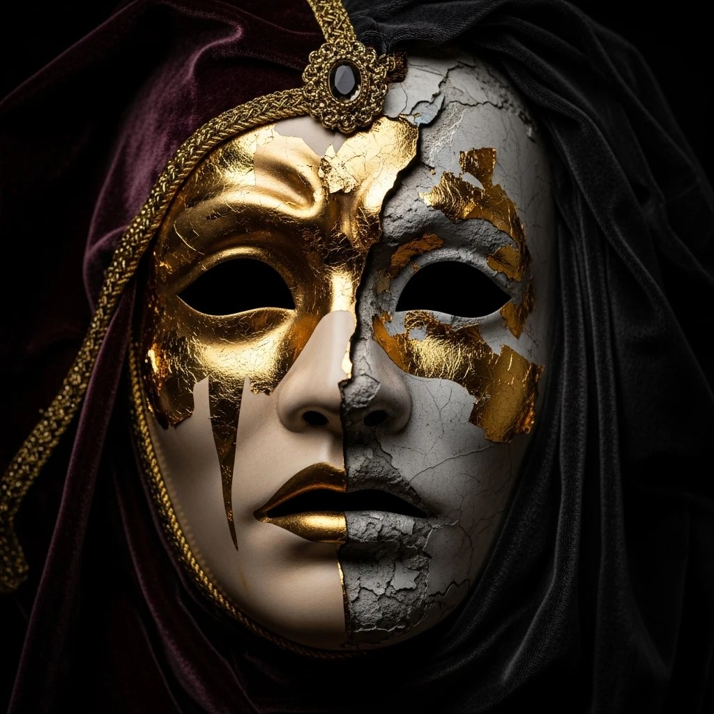 A detailed photo of a beautiful, gilded theatrical mask with a large crack showing the cheap plaster underneath.
