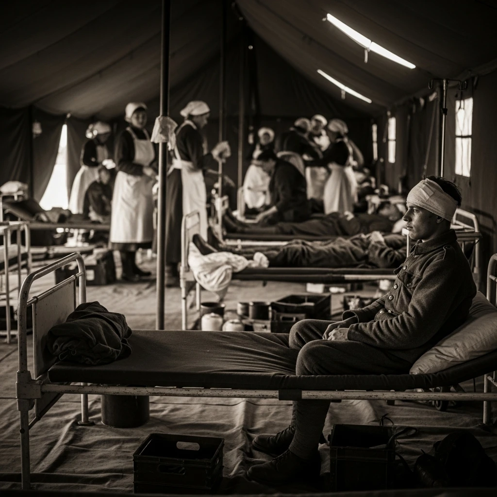 Sepia-toned photograph of a crowded WWI field hospital showing a soldier sitting rigidly, contrasting older definitions of battlefield trauma.