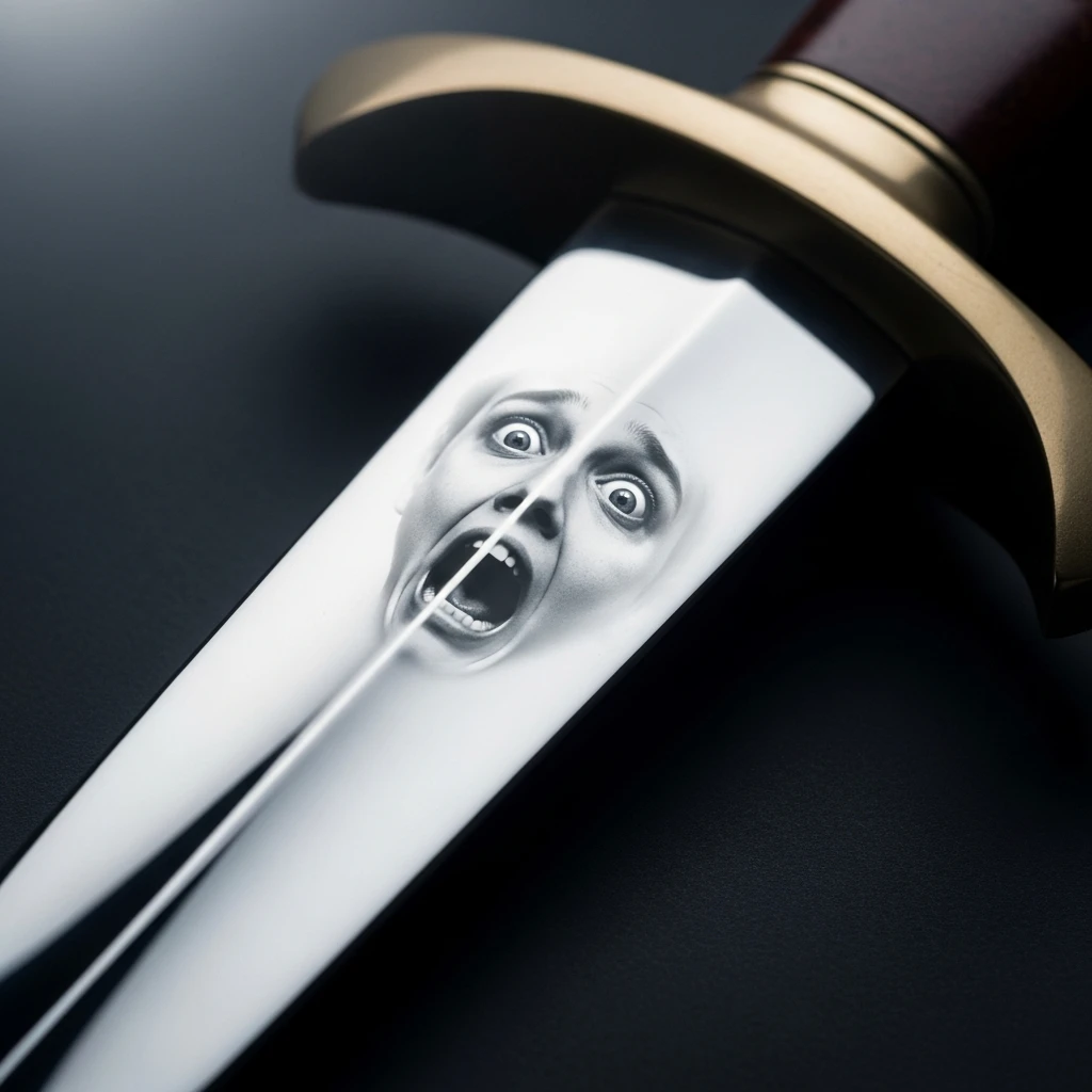 Highly detailed close-up of a Scottish dagger reflecting a fragmented, terrified face, illustrating Macbeth's psychological torment and ambition.