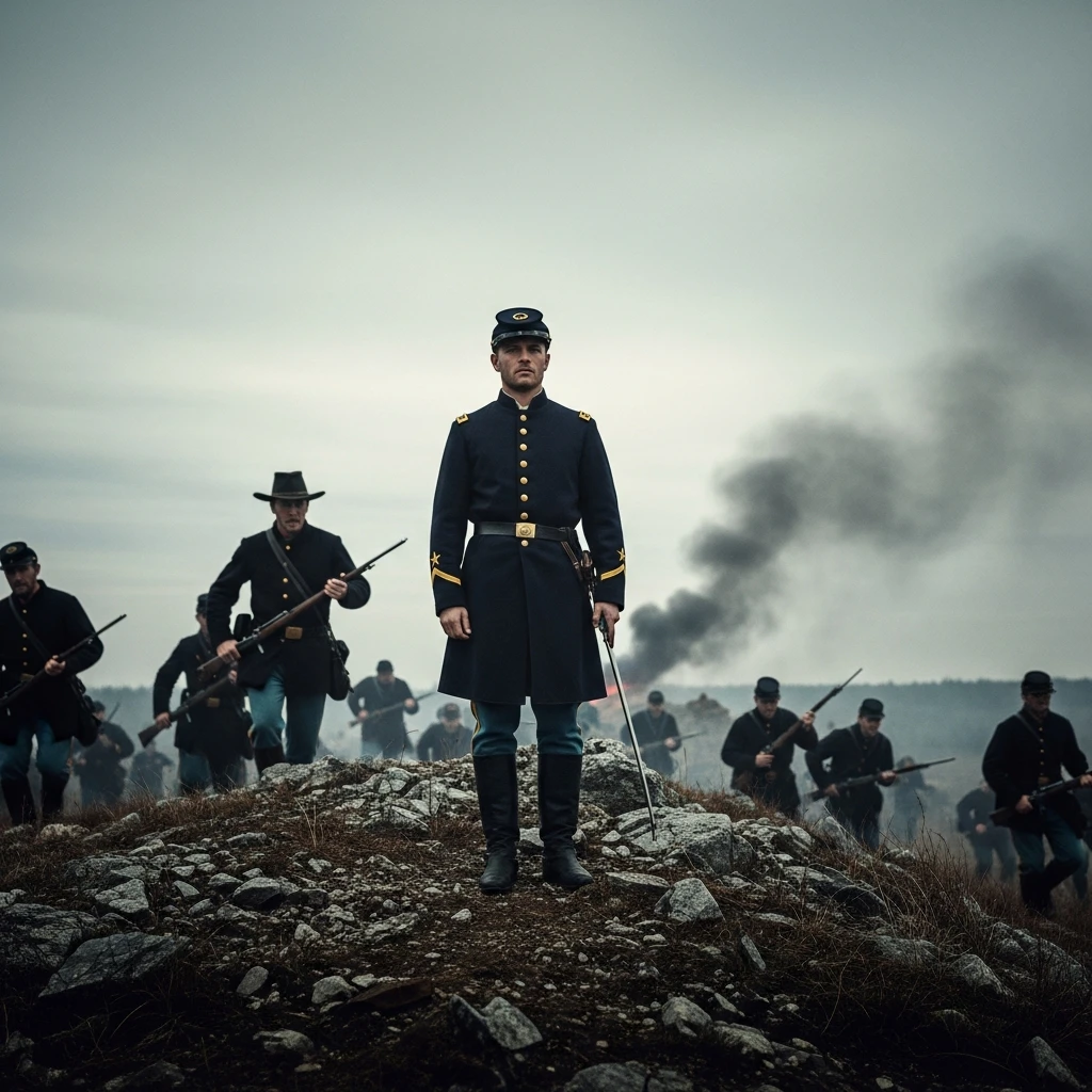 Cinematic image of a Civil War general standing immutably still amidst battlefield smoke and fleeing troops, symbolizing extraordinary command composure.