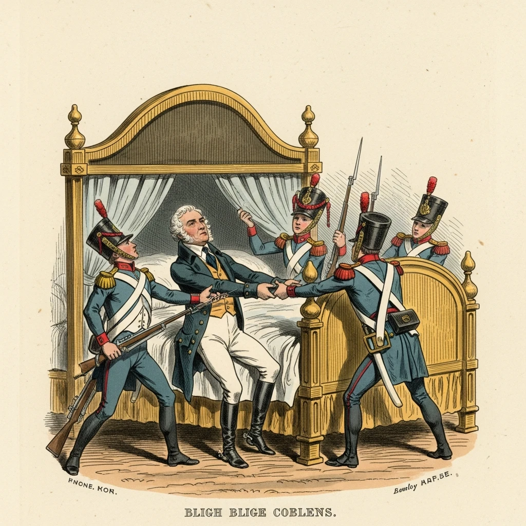 Stylized historical print depicting a man being dragged from under a bed by soldiers, referencing the propaganda used during the Rum Rebellion.