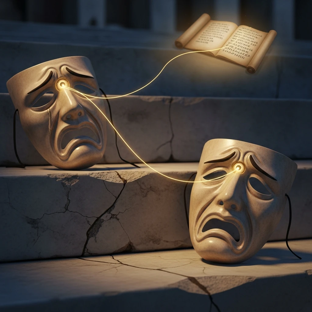 Conceptual image of two ancient Greek masks (tragedy/fear) connected by a golden light path, symbolizing moral learning through tragic flaws.
