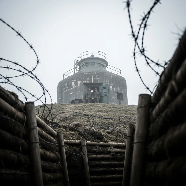 A view from a muddy trench looks up at a distant command post on a hill.