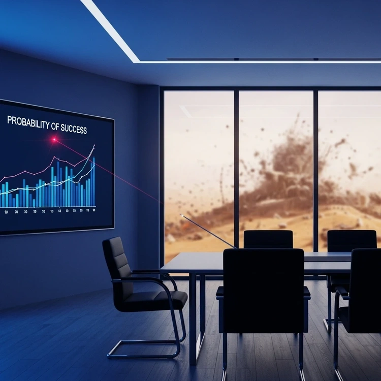 A laser pointer highlights a graph in a boardroom, with a war-torn landscape blurred outside the window.