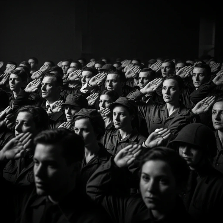 A united crowd of civilians and soldiers looks forward with determined expressions.
