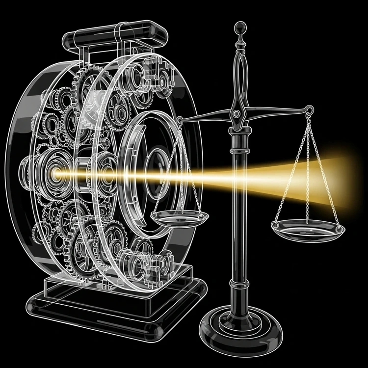 A transparent mechanical device splits a beam of light to evenly balance two scales.
