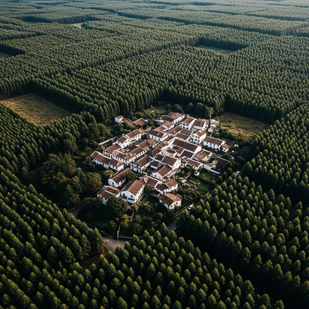 Aerial photo showing small cluster of houses isolated by surrounding dark green eucalyptus monoculture.