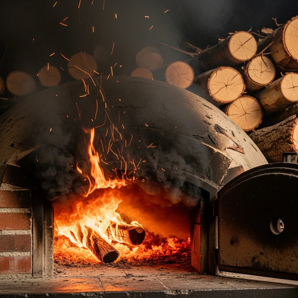 Close-up of a smoking brick charcoal kiln next to stacks of harvested eucalyptus wood.