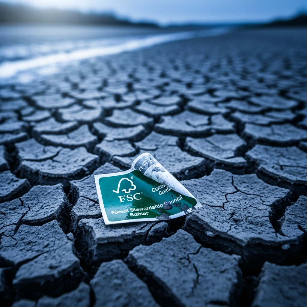 Close-up of a dry, cracked earth creek bed with a partially torn Forest Stewardship Council (FSC) certification sticker.