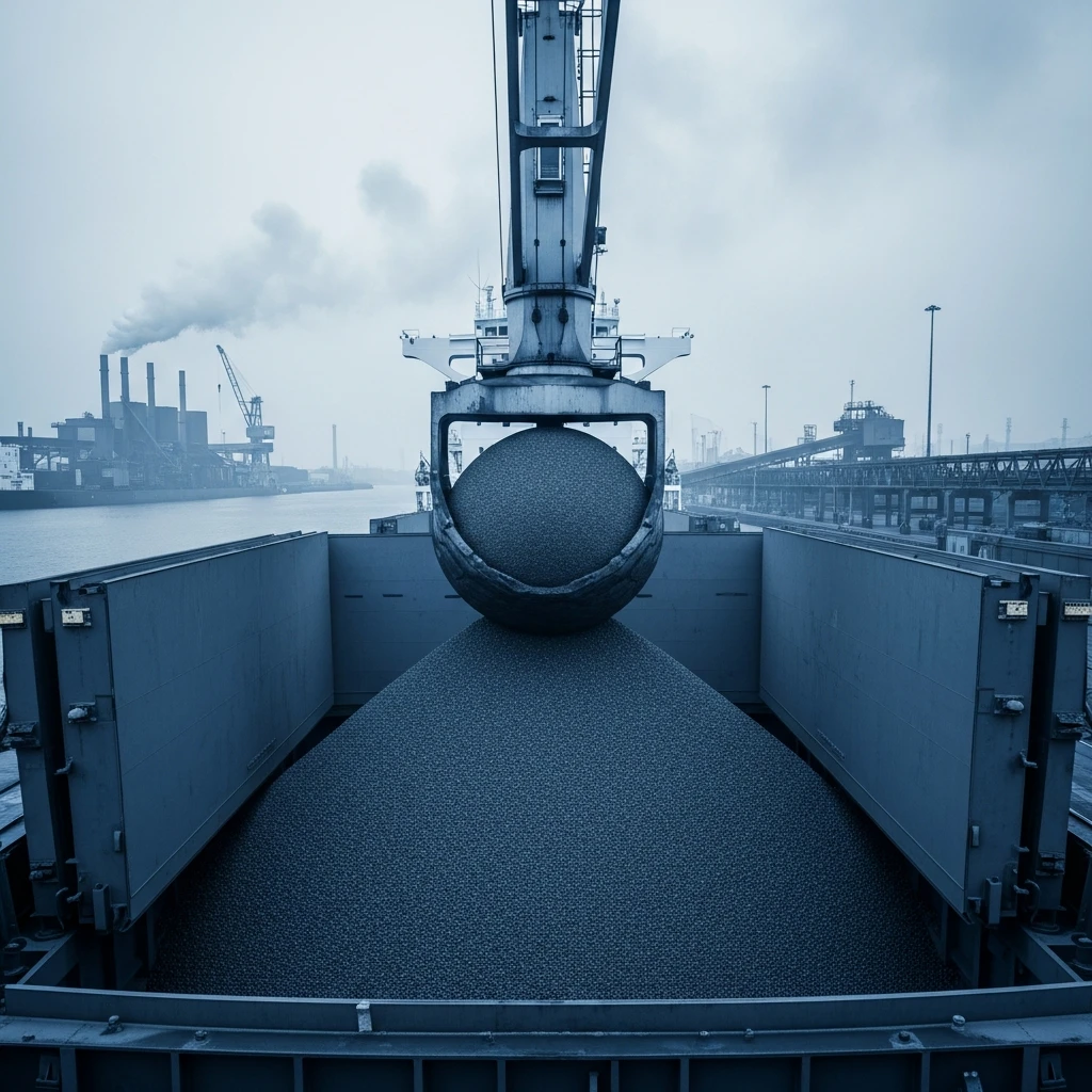 Ship unloading iron ore pellets at a major European port, suggesting a long, complex international supply chain.