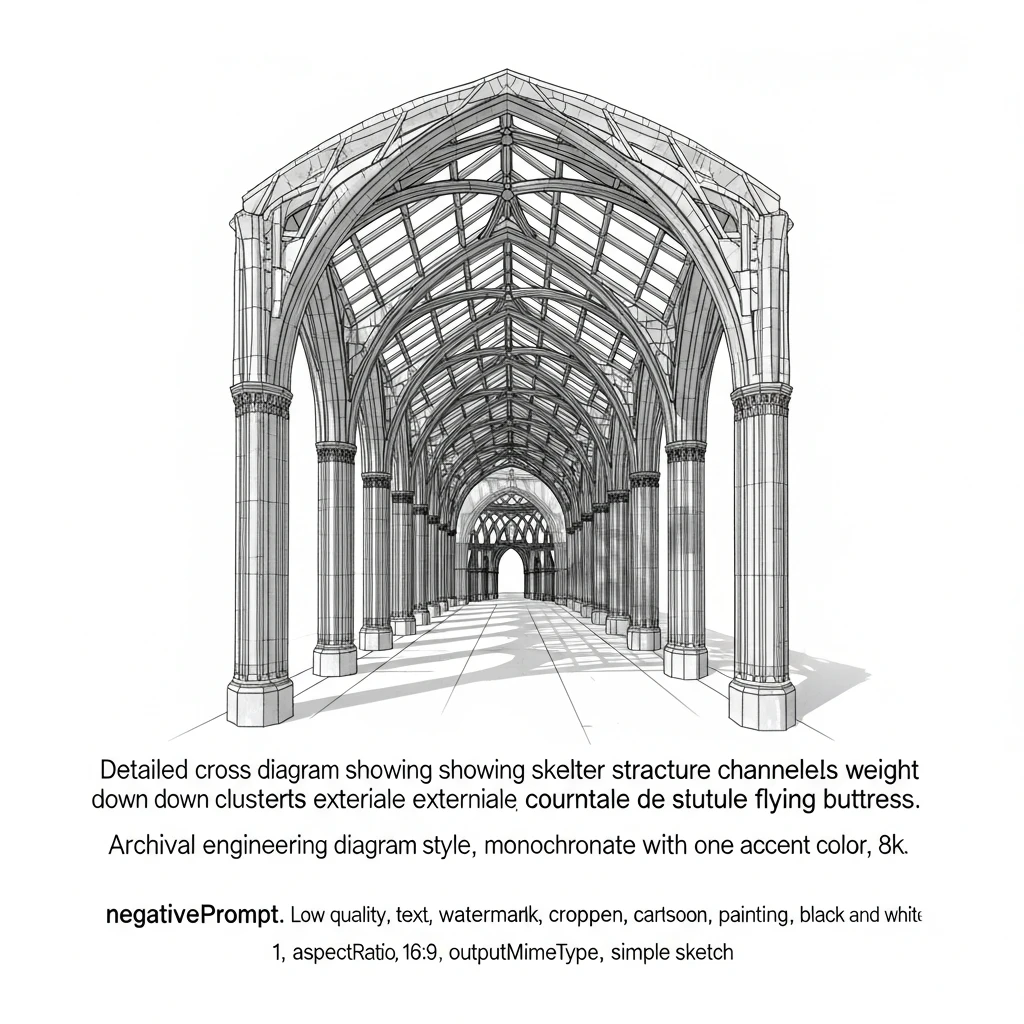 Engineering diagram illustrating the structural mechanism of a Gothic rib vault and its support system.
