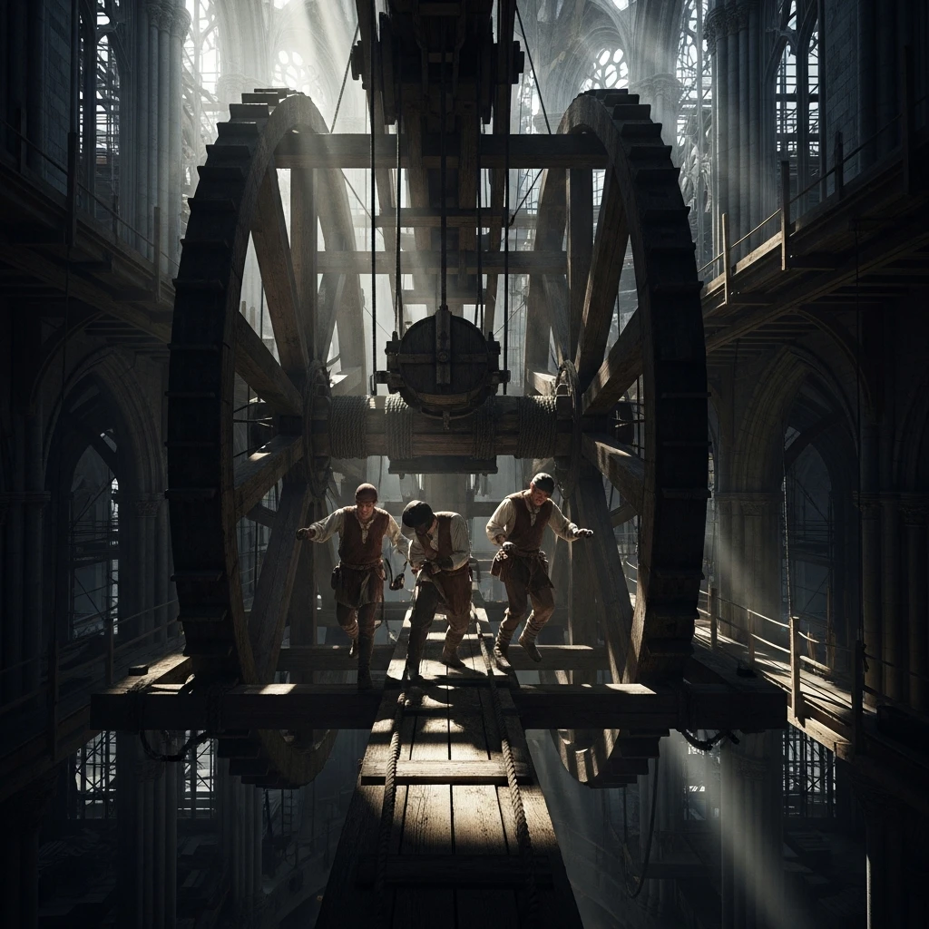 Medieval laborers operating a large wooden tread wheel crane inside a half-built stone structure.